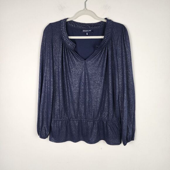 Jones New York Metallic Top Navy Silver Peplum Long Sleeve Pullover Size MP - Picture 9 of 15